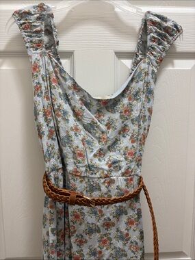 Floral Sleeveless Summer Dress in Light Blue with Brown Belt